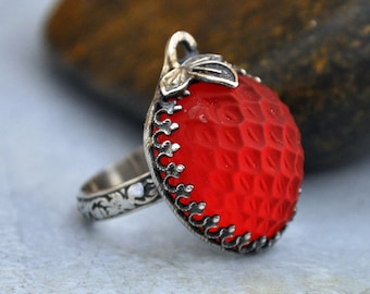handmade 925 sterling silver large statement red strawberry and leaf ring, antique pressed glass cab ring, silver fruit ring, gift for her