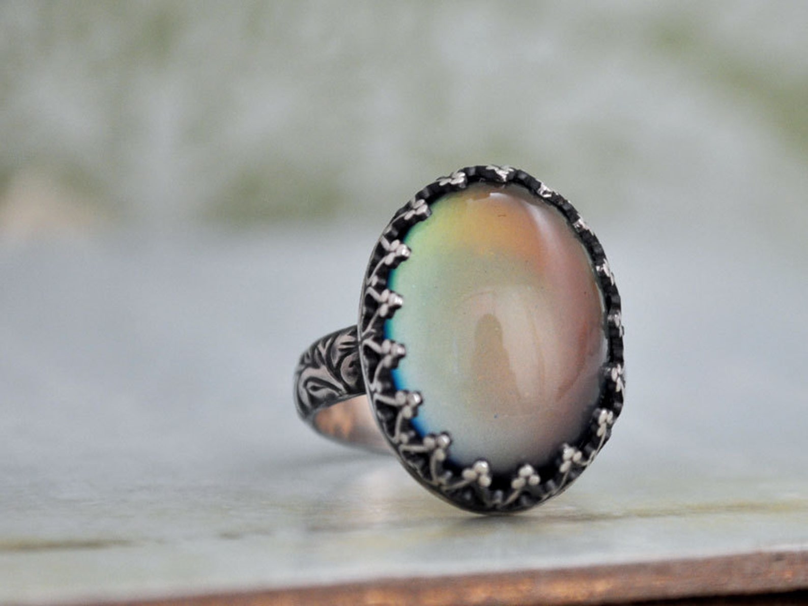 STERLING MOOD RING Hand Made Floral Band Oxidized Sterling - Etsy