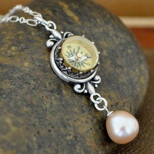 Silver working compass necklace, handmade Victorian genuine pearl drop unique jewelry gift for women, 925 silver dainty drop necklace