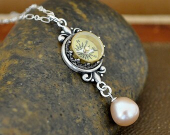 Silver working compass necklace, handmade Victorian genuine pearl drop unique jewelry gift for women, 925 silver dainty drop necklace