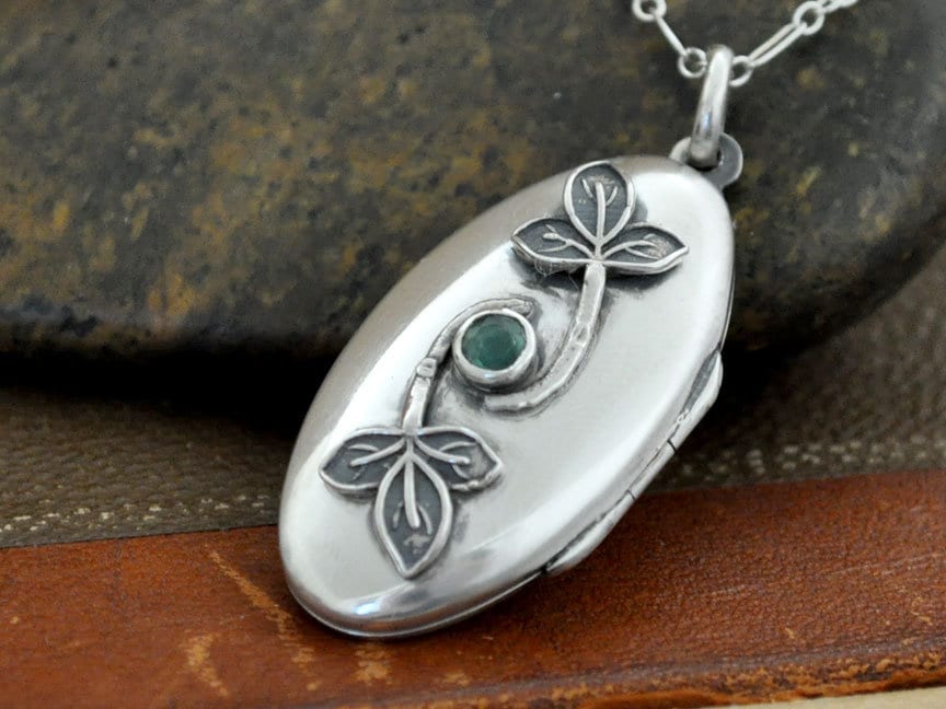 Silver Emerald necklace locket earth mined natural emerald 925 sterling silver photo locket for her lord of rings ivy leaf vine jewelry