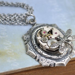 steampunk jewelry TIME TRAVELER antique silver steampunk necklace dragonfly art deco gift for her time fly flying handmade jewelry for her image 2