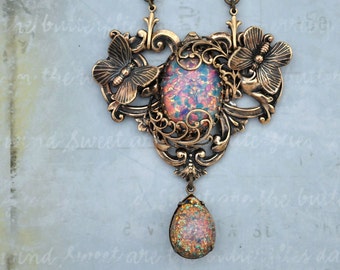 Vintage opal feather statement necklace DOOR To The SECRET GARDEN antiqued brass pendant with vintage pink fire opal jewels