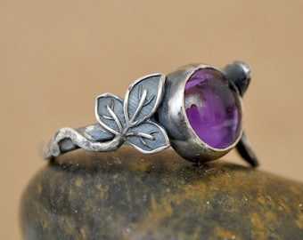 Silver amethyst ring butterfly leaf silver ring handmade 925 sterling silver solitary purple stone ring size 7 ring jewelry gift for women