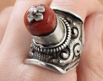 Antique coral silver Tibetan saddle ring large oversized statement 925 sterling silver ring, religious Buddhism prayer collectable jewelry