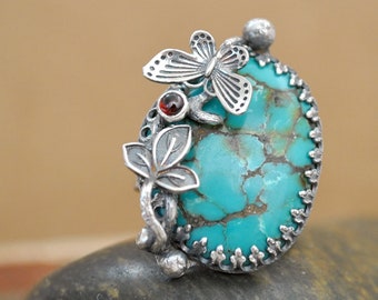 Turquoise spiderweb 925 sterling silver statement silver leaf ring OOAK handmade butterfly ivy leaf ring size 7 ring gift jewelry