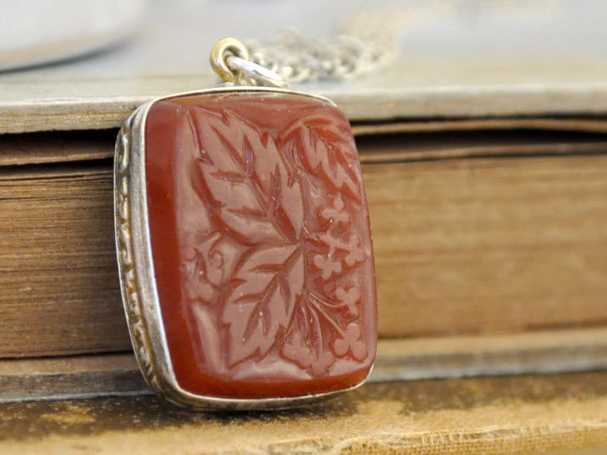 antique Victorian molded carnelian glass watch fob pendant necklace, watch fob drop sterling silver and low grade gold bail, antique jewelry