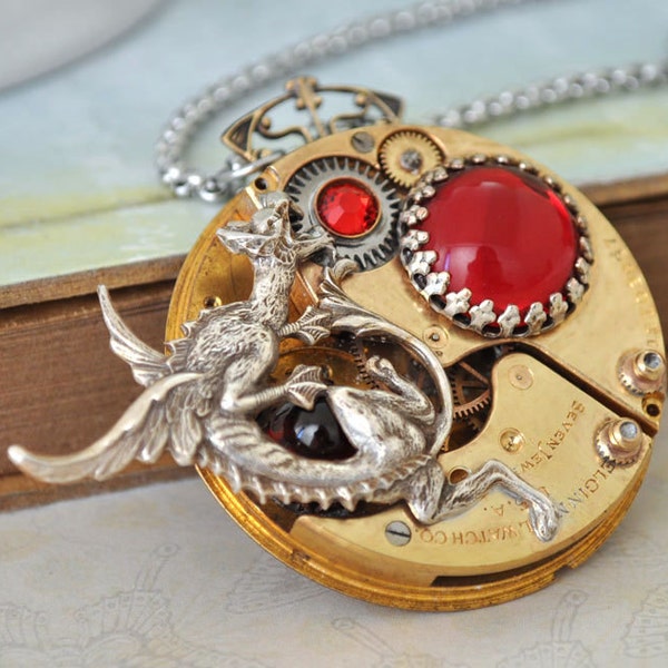 THE FIRE CHASER steampunk antique brass Elgin pocket watch movement with dragon and vintage ruby red glass cabs