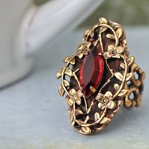 DARK VICTORIAN antique brass Ruby jeweled flower ring large statement floral flower brass Swarovski glass jewel adjustable large size