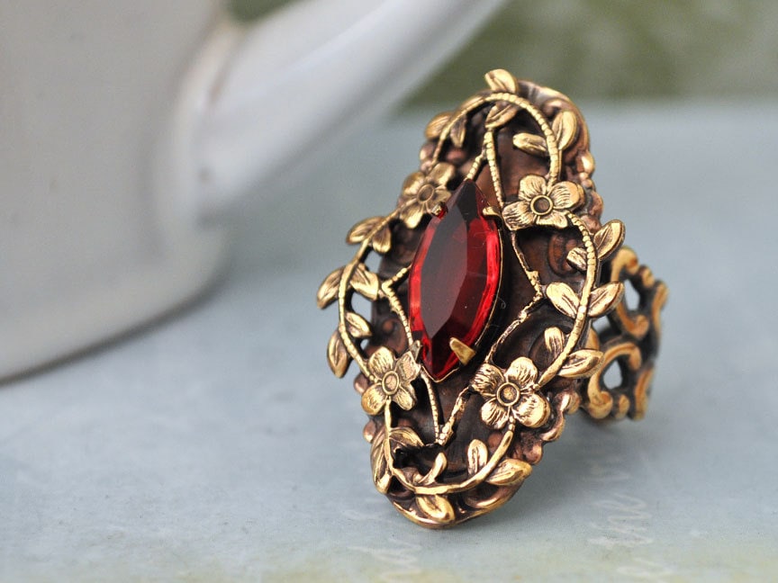 DARK VICTORIAN antique brass Ruby jeweled flower ring large statement floral flower brass Swarovski glass jewel adjustable large size