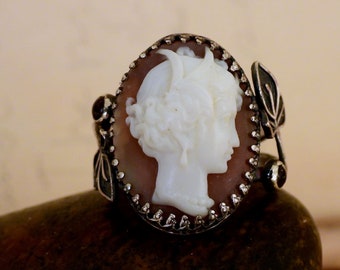 Silver cameo ring Victorian lady cameo turquoise ring cocktail ooak handmade large anniversary wedding retro vibe ring vintage cameo ring