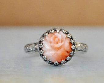 SILVER CORAL RING,  hand made floral band oxidized sterling silver ring with natural untreated pink angel skin carved flower coral cab