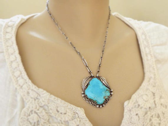 Huge Vintage Native American Jewelry Navajo Easter Blue Turquoise Sterling Silver Necklace Old Huge Vintage Native American Jewelry Navajo Easter Blue Turquoise Sterling Silver Necklace Old
