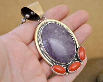 Statement sugilite coral necklace vintage Navajo native American 925 sterling silver large oversized pendant silver ball chain collectable