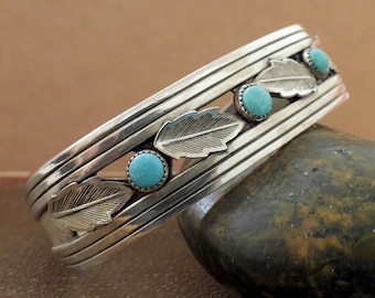 Vintage Navajo turquoise stones bangle bracelet bell company 925 sterling silver leaf and stones cuff bracelet gift for women
