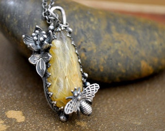 Gold Rutilated Quartz Crystal silver bee and flower necklace 925 sterling silver OOAK solitary stone statement necklace gift for women