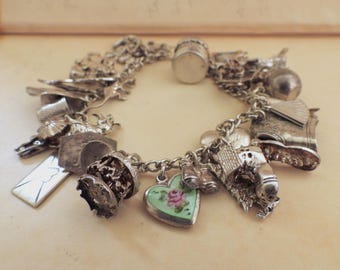 Silver charm bracelets 1950s 925 sterling silver moveable whale kissing under umbrella enamel heart charms love letter moon star carousel