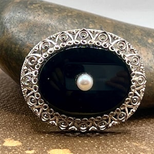 Antique Art Deco pin 925 silver brooch pin pearl and black onyx filigree Germany jewelry sterling silver pin collectable brooch gift women