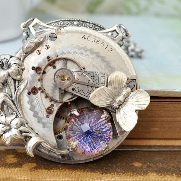 collier steampunk LOVE TAKES TIME antique Elgin année 1890 collier de mouvement de montre de poche avec Iris et cabine en verre boule de feu vintage