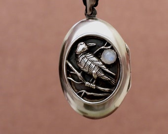 Zilveren Raaf medaillon ketting maansteen zwarte kraai vogel handgemaakte 925 sterling zilveren foto medaillon ketting cadeau sieraden voor vrouwen