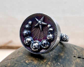 Antique moon and star ring 925 sterling silver steel cut bronze bottom ring 1800s metal button ring size 7 statement jewelry gift for women