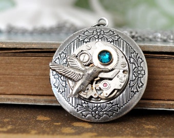 hummingbird locket steampunk necklace antique silver bird jeweled photo locket necklace unique jewelry gift for women