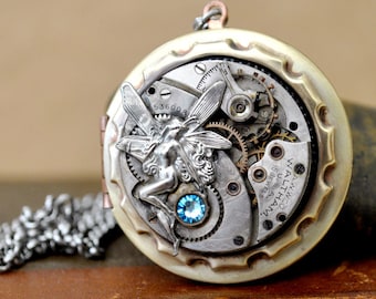 ONCE UPON A TIME ooak steampunk antique Waltham pocket watch movement locket necklace with winged fairy and Swarovski aquamarine jewels