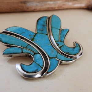 Silver Zuni turquoise inlay artist handmade 925 sterling silver brooch pin Fred Harvey era collectable jewelry gift for women