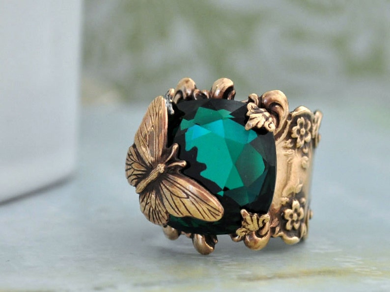 BUTTERFLY IN MOTION Neo Victorian vintage style brass ring with butterfly and Swarovski Emerald green glass cab image 3