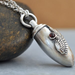 sterling silver 925 container necklace, pill box, tube locket, red garnet wing necklace, message bottle necklace, long chain, tube vile