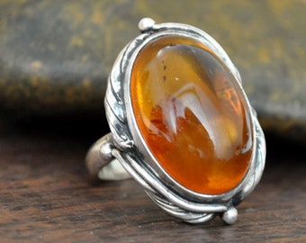 vintage amber ring large 830 silver amber stone ring, leafy vine statement vintage amber ring jewelry gift for women