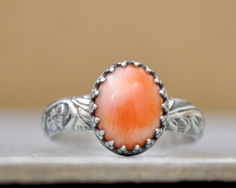 SILVER CORAL RING,  hand made floral band oxidized sterling silver ring with natural untreated pink angel skin coral cab