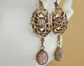 Door To The Secret Garden, handmade antiqued brass earrings with vintage pink opal glass cabs