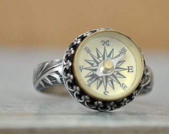 STERLING COMPASS RING hand made floral band oxidized sterling silver ring with solid brass military style working compass charm