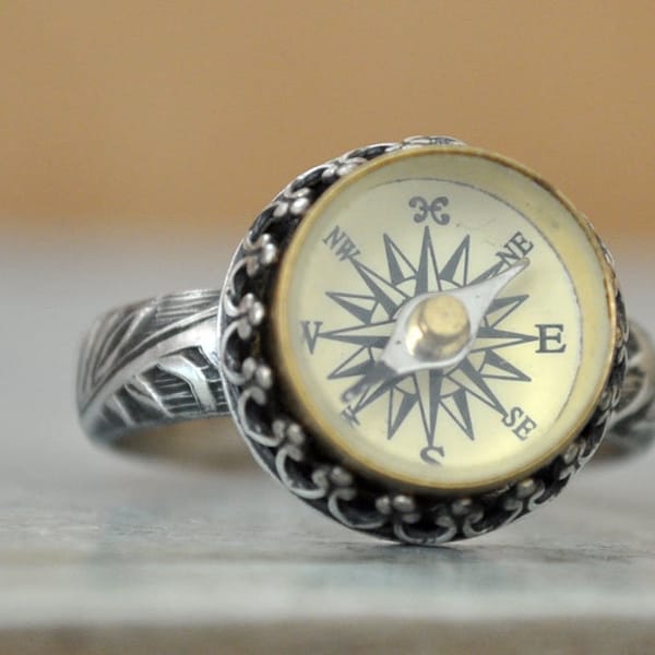 925 silver working compass ring handmade Victorian band compass jewelry gift for her right direction passage in life engagement jewelry