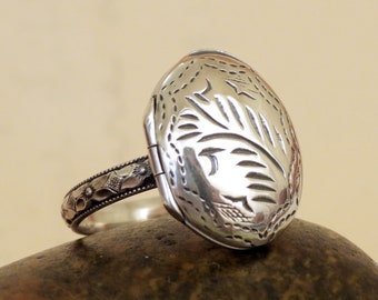 handmade 925 sterling silver LOCKET RING hand made floral band oxidized sterling silver ring with miniature locket