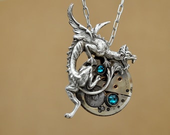 Silver dragon steampunk necklace, handmade mystic creature necklace Steampunk unique gift for fantasy lover gift jewelry sci fi jewelry