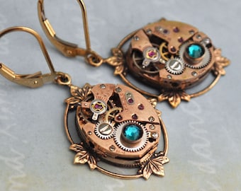 steampunk earrings - FRAGMENTS OF TIME - rose gold 17 jeweled earrings with gold filled ear wires