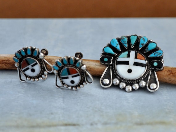 Intricate Vintage Zuni Native American Turquoise Coral Sterling Silver Earrings Intricate Vintage Zuni Native American Turquoise Coral Sterling Silver Earrings