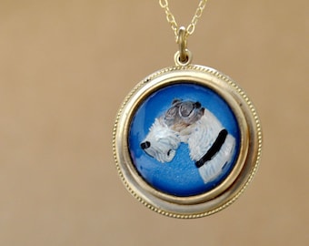 vintage find hand painted necklace terrier dog side profile painting, solid brass, gold filled satellite chain