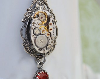 Silver steampunk Victorian style necklace ruby glass jeweled necklace, unique handmade jewelry necklace for women