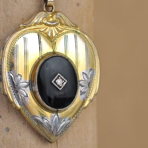 Antique gold heart locket necklace 12K gold filled 1920s Art Deco locket jewelry black onyx diamond anniversary photo necklace gift for wome
