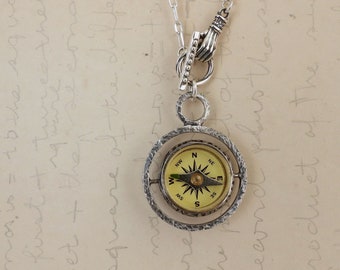 Silver Victorian hand watch fob flip double sided spinner landscape working compass necklace 925 sterling moonstone necklace unique gift