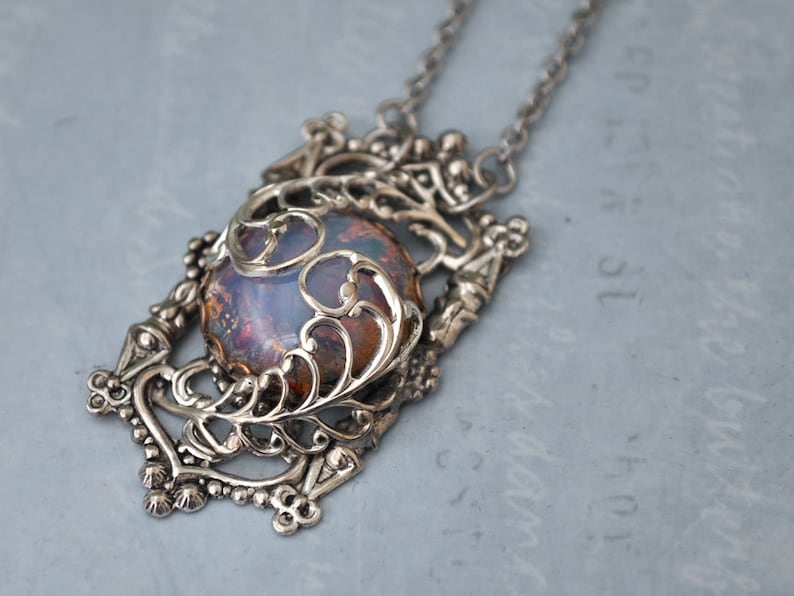 Door To The Secret Garden, antiqued silver pendant with vintage pink opal glass cab image 3