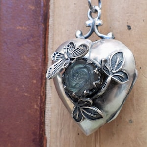 Silver heart locket flower butterfly labradorite moonstone and ivy vine leaf OOAK Victorian style heart locket wedding bridal memorial gift