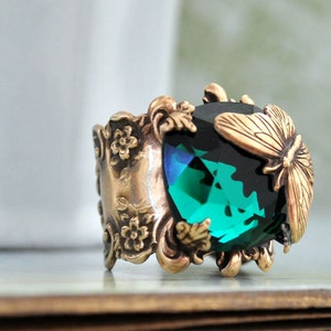 BUTTERFLY IN MOTION Neo Victorian vintage style brass ring with butterfly and Swarovski Emerald green glass cab image 2