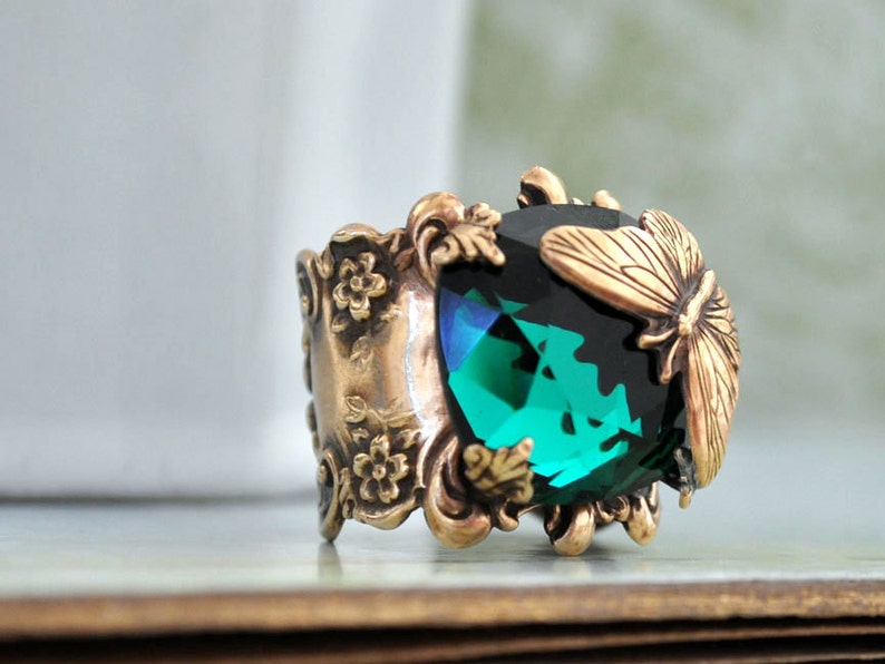 BUTTERFLY IN MOTION Neo Victorian vintage style brass ring with butterfly and Swarovski Emerald green glass cab image 2