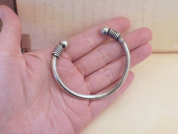 Solid silver double ball cuff bangle bracelet vin… - image 7