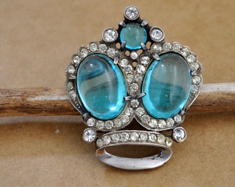 Vintage Silver Crown Pin 925 sterling silver blue jelly belly rhinestones crown brooch pin large statement vintage brooch pin gift for women