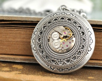 silver steampunk locket necklace TIME TRAVELER antiqued steampunk vintage jeweled watch movement locket necklace jewelry gift for women